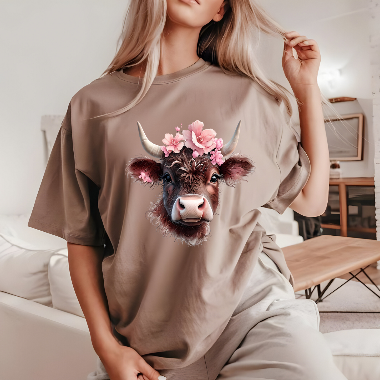 Cute Cow Graphic Tee with Floral Crown