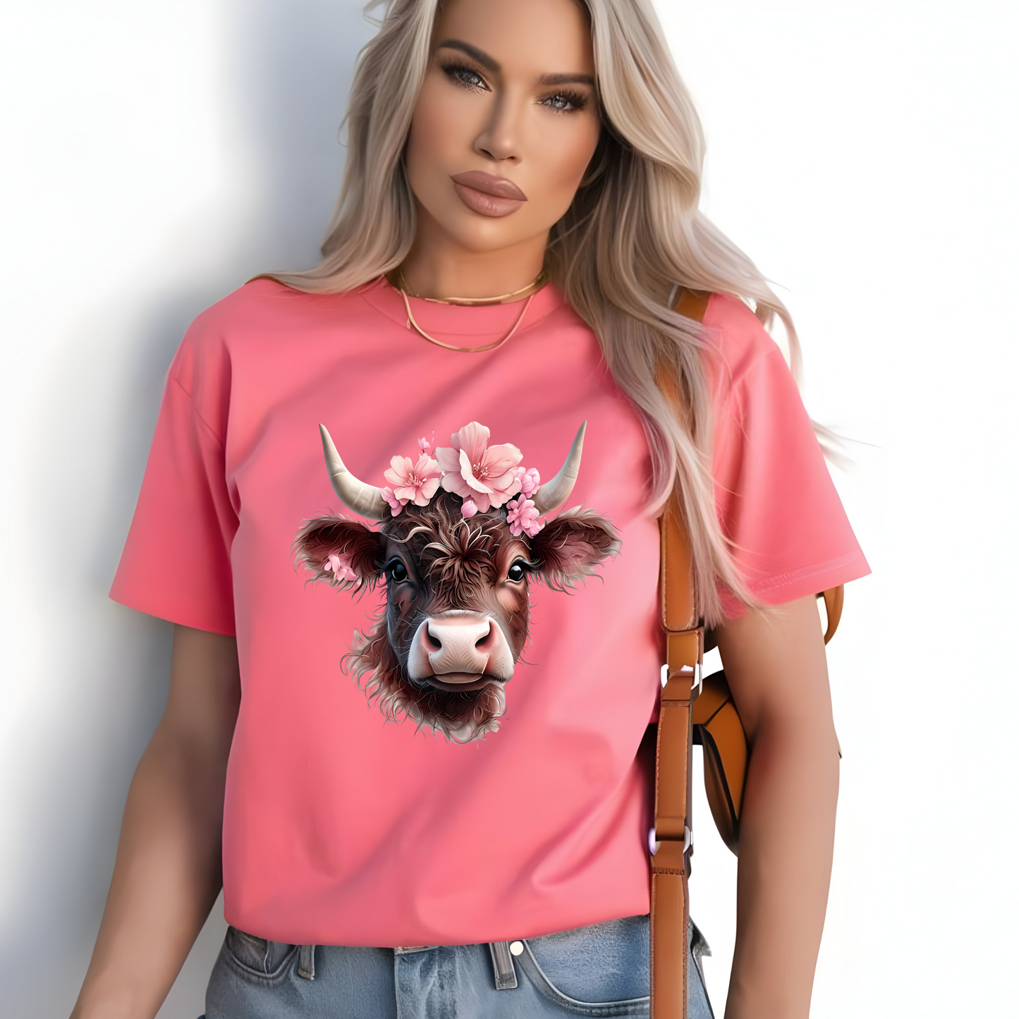 Cute Cow Graphic Tee with Floral Crown