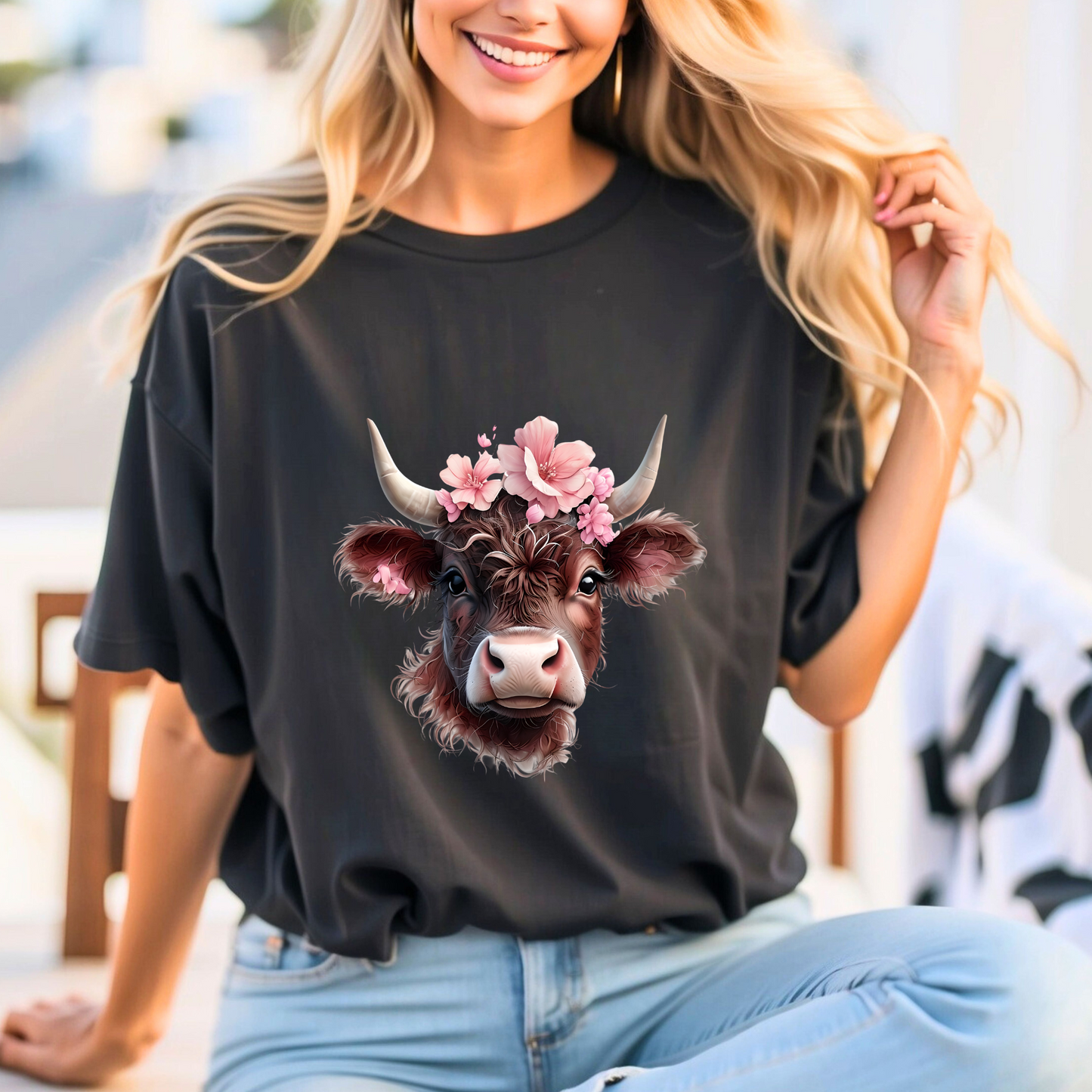 Cute Cow Graphic Tee with Floral Crown